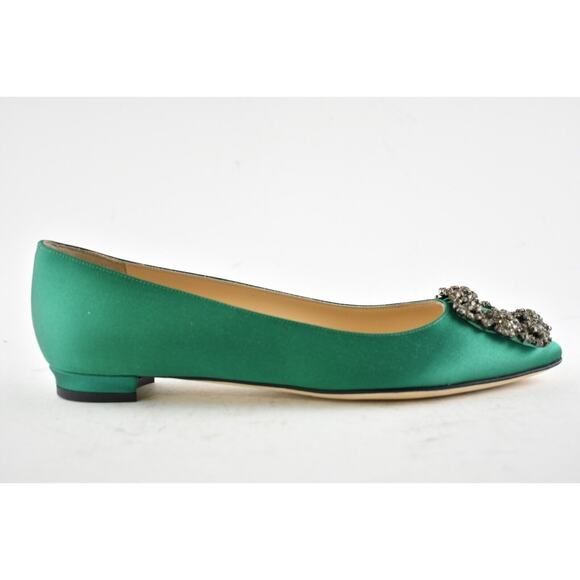 Manolo Blahnik Hangisi Emerald Green Satin Jewel Buckle Ballerina Ballet Flat 37 - Picture 3 of 12